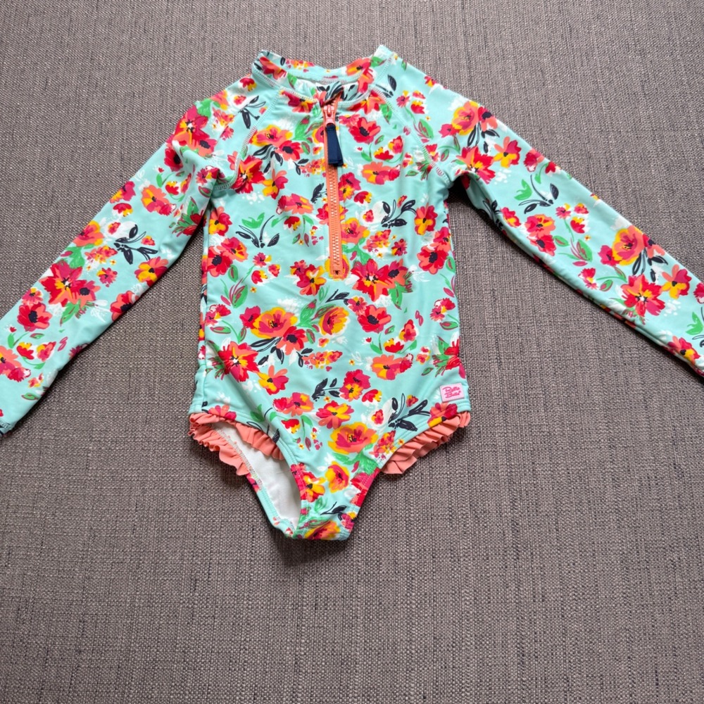 RuffleButts Girls Aqua Blue Floral Long Sleeve Rash Guard One Piece Swimsuit 6